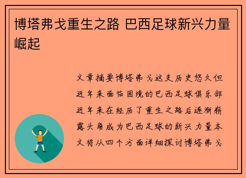 博塔弗戈重生之路 巴西足球新兴力量崛起
