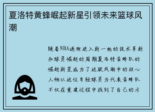夏洛特黄蜂崛起新星引领未来篮球风潮