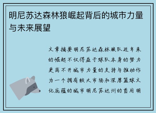 明尼苏达森林狼崛起背后的城市力量与未来展望