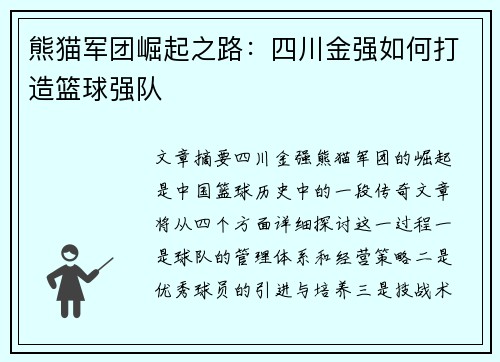 熊猫军团崛起之路：四川金强如何打造篮球强队