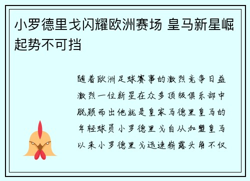小罗德里戈闪耀欧洲赛场 皇马新星崛起势不可挡